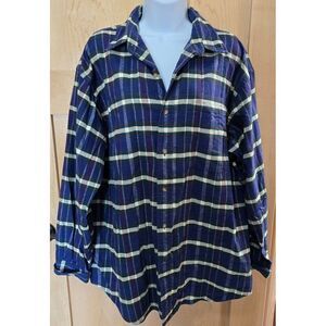 VTG Deep Country Plaid Flannel Shirt L 100% Cotton Button Front Blue Green Yello